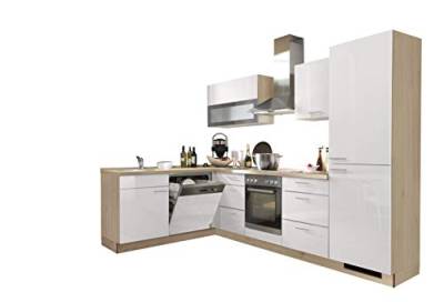 Küchenblock Star 185 x 285 cm in Lacklaminat Weiß Hochglanz, Arbeitsplatte wildeichefarben, inkl. E-Geräte von Express Küchen