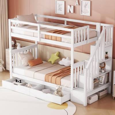 Etagenbett 90x200 mit 2 Schubladen und Treppe, Kinderbett Hochbett für 2 Kinder, Jugendbett mit lattenrost und Rausfallschutz, Stockbett Funktionsbett, ohne Matratze (weiß mit Schubladen, 90x200) von FEZTOY