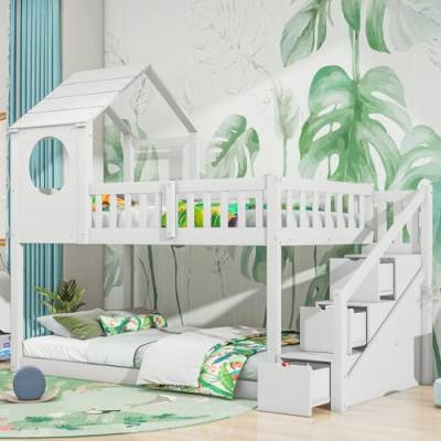 FEZTOY Baumhaus Kinderbett 90 x 200 mit 3 Treppe & Schubladen, Hochbett für 2 Kinder mit Rausfallschutz,Etagenbett,Massivholz Funktionsbett,Jugendbett,Hausbett,Stockbett, Keine Matratze von FEZTOY