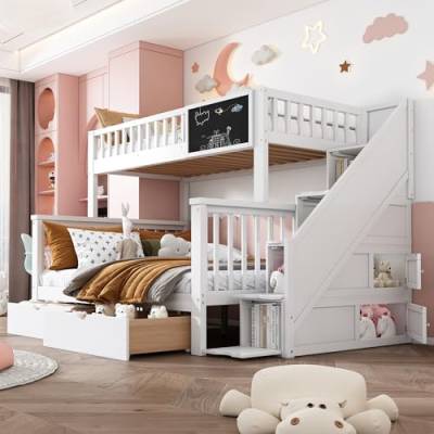 FEZTOY Etagenbett für 3 Kinder, Kinderbett mit 2 Unterbett Schubladen und 4 Speicherung Treppe, 90x200cm +140x200cm Funktionsbett Stockbett Hochbett Jugendhochbett von FEZTOY