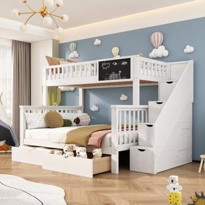 FEZTOY Etagenbett mit 2 Schubladen Kinder Bett mit Treppe, Hochglanz Kinderbetten Funktionsbett Etagenbett Stockbett Kinderhochbett Jugendhochbett, weiß fur 3 Kinder von FEZTOY