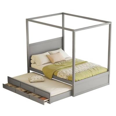 FEZTOY Holzbett mit Schubladen 140x200cm, Ausziehbares Schlafsofa aus Kiefernholzrahmen Jugendbett Kinderbett Gästebett Himmelbett Doppelbett,Grau von FEZTOY