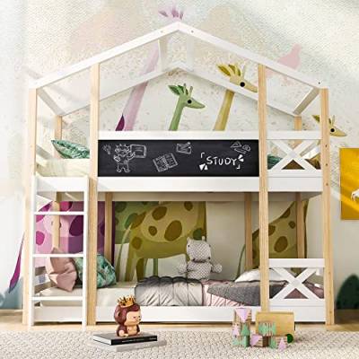 FEZTOY Kinder Hochbett Baumhaus 90 x 200 cm, Etagenbett mit 2 Lattenrost und Leiter, Spielbett Kinderbett Jugendbett Hausbett, für Jungen & Mädchen - Natur & Weiß von FEZTOY