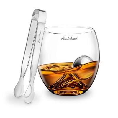 Final Touch Stainless Steel Edition On The Rocks Drinking Glass Set - Whiskyglas Glas und Eiskugel Set, Edelstahl Bälle & Zangen von Final Touch