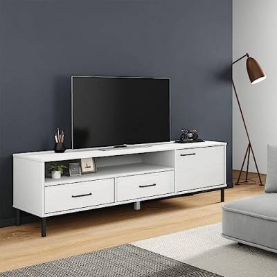 FIRBNUS TV-Schrank Oslo mit Metallbeinen 158x40x46,5 cm Weiß Massivholz Kiefer TV Lowboard Holz Sideboard Industrial TV Cabinet TV Unterschrank TV Schrank Holz Kommode Holz TV Kommode Sideboard Holz von FIRBNUS