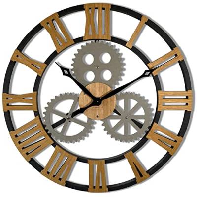 FLEXISTYLE Wanduhr Industrial Design groß 80 cm Durchmesser Retro Vintage holzoptik Eiche ohne tickgeräusche, Wohnzimmer (Schwarz) von FLEXISTYLE