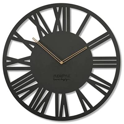 FLEXISTYLE Wanduhr groß Adulto 50cm Durchmesser LOFT Retro aus Holz Eiche ohne tickgeräusche Wohnzimmer (Schwarz) von FLEXISTYLE