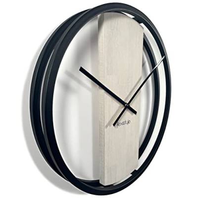 FLEXISTYLE Wanduhr groß ohne tickgeräusche LOFT OVAL Metall schwarz 3D XXL modern Holz Badezimmer Wohnzimmer (50cm Durchmesser gebleichte Eiche) von FLEXISTYLE