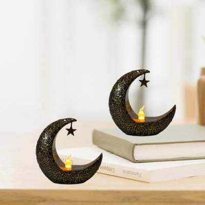 2 Stück Ramadan Deko Lampe, LED Kerzen Flackernde Flamme Ramadan Deko Laterne Windlicht Orientalisch Kerzenständer Vintage Mond Teelichthalter Batteriebetrieben für Zuhause Party Deko (Bronzegold) von FUFRE