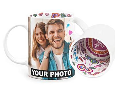 Fototasse mit Herzmotiv Tasse mit eigenem Foto & Text selbst gestalten Geschenk zum Valentinstag - Herzen I Love you Tiamo im Inneren des Kaffeebechers und am Henkel, LOVE [117] von Ferocity