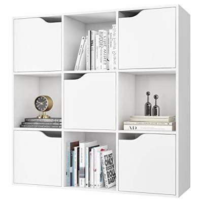 FirFurd Bücherregal, Regal weiß, Bücherschrank mit 5 Türen, Aufbewahrungsregal 9 Fächern, Büroregal für Wohnzimmer, Arbeitszimmer 90 x 29 x 90 cm von FirFurd