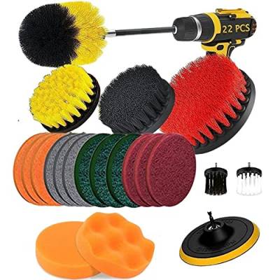 22 Stück Bürstenaufsatz Bohrmaschine Set, Drill Brush Attachment mit Polieraufsatz Akkuschrauber für Auto Felgen Badewanne Waschbecken Küche Räder Grill Fliesen Keramik Marmor Boden Teppich Leder Sofa von Fixinus