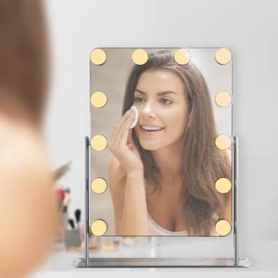 FLINQ Hollywood Spiegel mit Beleuchtung - 360° drehbar Tischspiegel für Schminktisch - Kosmetikspiegel mit 3 Lichtmodi - 12 dimmbare LEDs - Schminkspiegel 38x46,2 cm von FLINQ