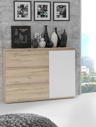 Forte COLLET Kommode mit 4 Schubladen und 1 Tür, Holzwerkstoff, Bianco Eiche/Weiß, B x H x T: 115,7 x 90,3 x 41,3 cm von Forte Möbel