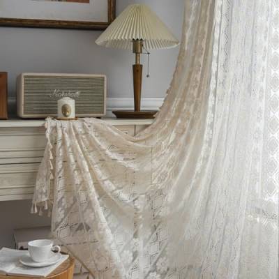 Freyamy 2er Set Gardinen Transparent Blumen Stickerei,Transluzente Vorhang Beige mit Stangendurchzug,Bestickte Spitze Gardinen Vintage Makramee,Tür Stangentaschen-Vorhang 260x150cm für Schlafzimmer von Freyamy