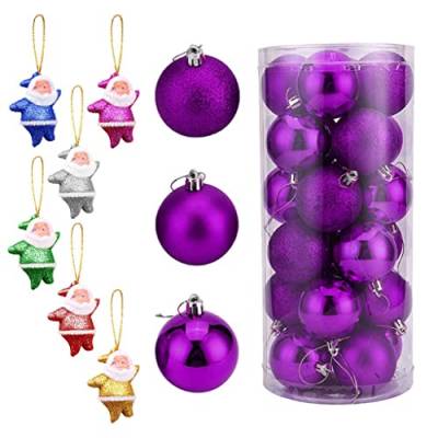 Kunststoff Weihnachtskugeln Set mit Aufhängen 24 x Weihnachtskugeln, Party-Weihnachtsbaumschmuck, hängende Verzierung + 6 x Weihnachtsmann Baumschmuck Weihnachten Weihnachtskugeln (Purple, One Size) von GBEN