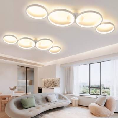 GBLY 2× LED Deckenlampe Warmweiß Deckenleuchte: 4 Flammig 3000k Modern Wohnzimmerlampe Rund Ring 37W Weiß Schlafzimmerlampe 89cm Design Bürolampe für Schlafzimmer Wohnzimmer Flur Büro Küche von GBLY