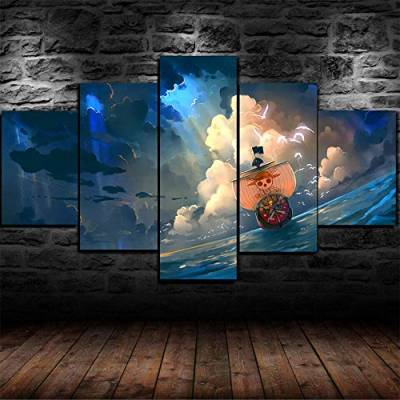 GIRDSS 5 Teilig Leinwanddrucke Wandbilder Wohnzimmer Modern Deko Bilder 5 Teilig Leinwandbilder Bild Auf Leinwand XXL 5 Teiliges Wandbild Modulare Bilder 5 Stücke Anime One Piece The Thousand Sunny von GIRDSS