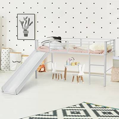 GOPLUS Kinderbett, 198 x 96 cm Eisenbett mit Rutsche, Sicherheitsschienen, Treppe, Eisenrahmen, Angemessener Abstand, Stabil, Langlebig, Hochbett Kinder Bett für Kinderzimmer & Kindergarten (Weiß) von GOPLUS