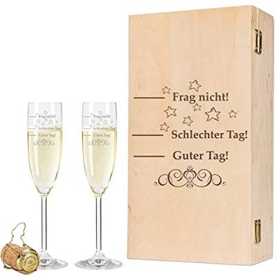 Leonardo Sektgläser im Set mit Gravur Schlechter Tag, Guter Tag - Frag nicht! - inkl. gravierter Vintage-Holzkiste - Lustiges & Originelles Geschenk - Geeignet für Champagner & Sekt von GRAVURZEILE