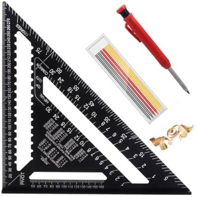 Zimmererwinkel Set 5 in 1 Winkelmesser Metall Aluminium Zimmermannswinkel 45 90 Grad Winkel Anreißwerkzeug Anschlagwinkel für Zimmermann Dachdecker Ingenieur 30cm (Schwarz) von GUDECIUS