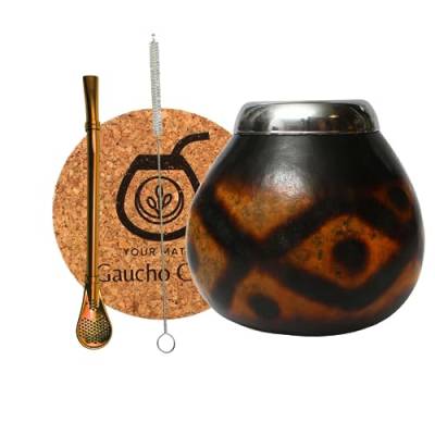 Gaucho Cebar Set mit Natürlichem Kalebassen für Yerba Mate-Tee | Kürbis Tasse und Edelstahl Trinkhalm Bombilla Straw Accessories - korkpad und bürste von Gaucho Cebar