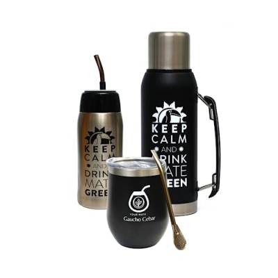 Gaucho Cebar Yerba Mate-Tee Set Komplettes Accessories | Thermoskanne 1L Schwarz und Yerbomos 680ml, Edelstahl Mate Tee becher Termolid Tasse 350ml | Stahl Trinkhalm Bombilla 19cm von Gaucho Cebar