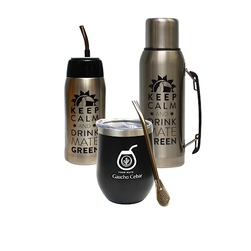 Gaucho Cebar Yerba Mate-Tee Set Komplettes Accessories | Thermoskanne 1L Silver und Yerbomos 680ml Black, Edelstahl Mate Tee becher Termolid Tasse 350ml | Stahl Trinkhalm Bombilla 19cm von Gaucho Cebar