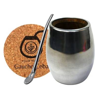 Set für Yerba Mate Tee | Handgefertigt mate-tee tasse Palo Santo vollständig Metall verkleidet mate Tee Mug | Edelstahl-Strohhalm Bombilla für Mate Tee 12.5cm | Korkpad | Set fur yerba mate-tee von Gaucho Cebar