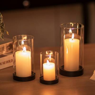 Glasseam Windlicht Glas Kerzenhalter Stumpenkerzen: 3er Set Windlichter Glas Kerzenhalter Schwarz Windlicht Glaszylinder mit Kerzenhalter Metall für Esstisch Kerzenständer Stumpenkerzen für Tischdeko von Glasseam