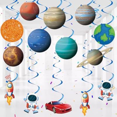 Weltraum Geburtstag Deko Planeten Wirbel - 28 Stück Astronauten Raketen Hängende Wirbel Blau Folien Spiralen Girlande Decken Deko, Kindergeburtstag Dekoration zum Thema Weltraum von Gleeve