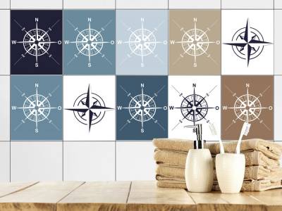 Fliesenaufkleber Bad Kompass Maritim Blau Braun Weiß von Graz Design
