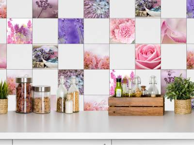 Fliesenaufkleber Set für Bad Rose Lavendel Blumen lila pink von Graz Design