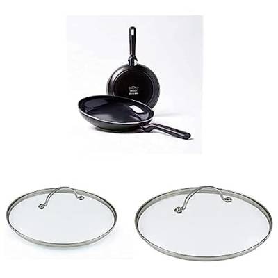 GreenPan Pfannenset Pfanne Induktion Keramik Beschichtet, Toxinfreies Kochen, Ofen und Spülmaschinengeeignet mit Universal Glasdeckel für Bratpfanne und Kochtopf mit Edelstahl Griff - 24/28 cm,Schwarz von GreenPan