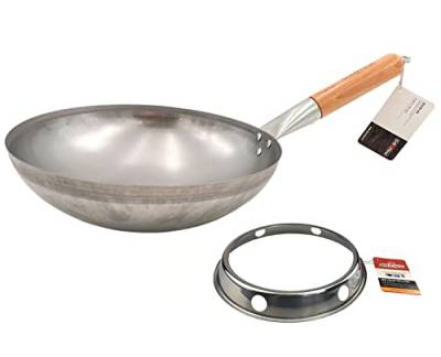 Grillfürst Wok Pfanne aus Edelstahl Ø 30 cm - mit Holzgriff - Edelstahlpfanne mit rundem Pfannenboden - ideal für Seitenkocher eines Grills oder Gasherd, inkl. Wok-Ring von Grillfürst