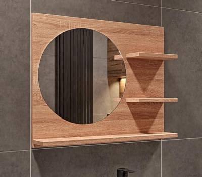 HAJDUK FURNITURE Badspiegel mit Ablage Sonoma-Eiche - 60 cm x 50 cm - Spiegel Links - Badezimmerspiegel - Bad Spiegel Rund - Wandspiegel - Spiegelschrank - Spiegel Durchmesser: 40 cm von HAJDUK FURNITURE