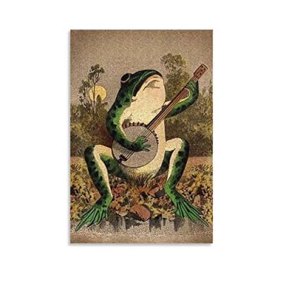 HAPPOW Frosch-Wandkunst-Poster, Retro, ein Frosch, der Banjo im Mondlicht spielt, dekoratives Gemälde, Leinwand, Wandkunst, Dekoration für Zuhause, Schlafzimmer, Dekoration, Poster, 30 x 45 cm von HAPPOW