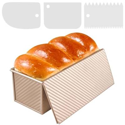 HAPPOW Toastbrot Backform, Brotbackform mit Deckel, Brotbackform Gold, Antihaft-Kastenform zum Backen von Brot, Toast und Gebäck, mit 3 Teigschaber, für köstliche Backergebnisse von HAPPOW