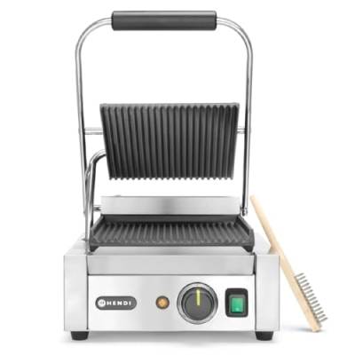 HENDI Kontaktgrill, Einzelversion, Elektrogrill, Tischgrill, Sandwichtoaster, Regelbar bis max. 300°C, Oberseite (H)530mm, Grillfläche 220x230mm, 230V, 1800W, 310x370x(H)210mm, Edelstahl von HENDI