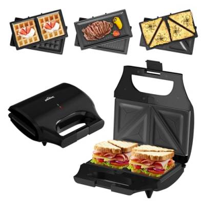 HOMELUX 3-in-1 Sandwichmaker Waffeleisen Kontaktgrill mit Antihaftbeschichteter Abnehmbare Platten 800W Multifunktionsgerät für Panini Waffeln, BPA Frei, Für Reisen Camping Geburtstagsfeiern, Schwarz von HOMELUX