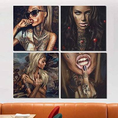 HONGC 4 Pcs Sexy Girl Tattoo Graffiti Leinwand Malerei Druck Wohnzimmer Wohnkultur Moderne Wandkunst Malerei Poster Bild Kunstwerk 60x60cm/23.6”x23.6”x3 Kein Rahmen von HONGC