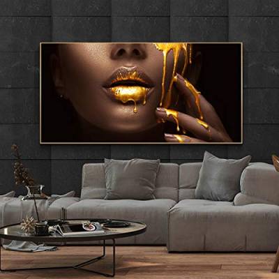 Drucke auf Leinwand Golden Sexy Lips Moderne Kunst Poster und Drucke Afrikanische Frau Kunst Gemälde Wand Schwarze Frau Leinwand Bilder 60x120cm / 23,6"x47,2" Kein Rahmen von HONGC