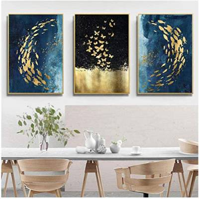 HONGC Modern Luxus Blau Gold Wandbilder Abstrakt Tiere Bilder Schmetterlinge Fische Leinwandbilder Poster und Drucke Pop Art Dekor 50x70cm/19.6”x27.5”x3 Kein Rahmen von HONGC