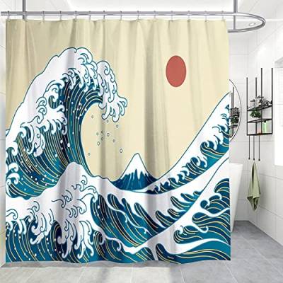 Japanische Wellen-Badezimmervorhänge, Muster im Meereswellen-Stil, 3D-Druck, große Welle vor Kanagawa, Duschvorhang, W150 x H200 (cm), mit Haken-20 von HONGC