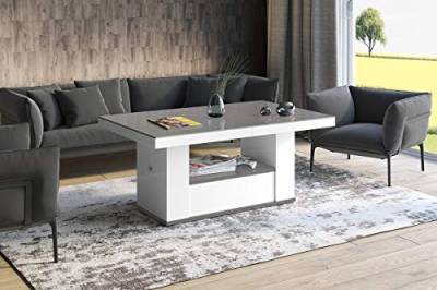 HU Design Couchtisch Tisch HM-111 Hochglanz Schublade höhenverstellbar ausziehbar Esstisch (Grau/Weiß Hochglanz) von HU