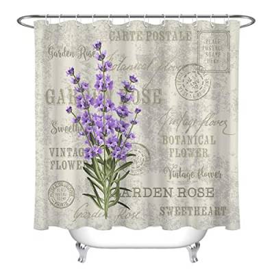Duschvorhang aus lila Blumenstoff, Lavendel-Stempelmuster, Vintage-Badezimmervorhänge mit Haken, Badewannenzubehör, waschbar 90x180cm/BxH von HYFBH