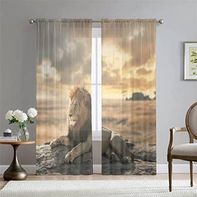 Hiseng Voile Vorhänge Wohnzimemr Transparent Gardinen Vorhang Halbtransparent für Fenster Wohnzimmer Schlafzimmer Moderne und Elegante Transparent Gardine 2er Set (108x160cm,Löwenmuster) von Hiseng