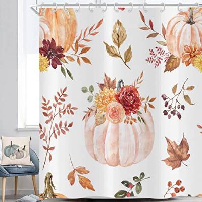 Hnmdmyi Duschvorhang Herbst 90x180, Boho Kürbis Aquarell Blumen Blätter Herbst Thanksgiving Ernte Bauernhof Badewanne Vorhang Wasserdicht Polyester Stoff Waschbar Badevorhang mit Haken von Hnmdmyi