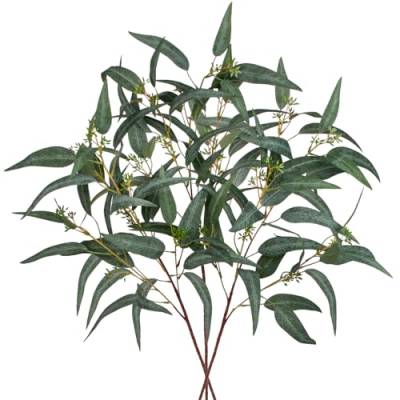 3PCS Kunststoff Pflanzen künstliche Eukalyptusblätter grün, 34'' langer Stiel gefälschte Eukalyptuszweige mit Früchten, Faux Greenery Arrangement für Frühlingsdekoration, Heimdekoration, Vase Dekor von Hollyone