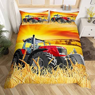 Traktor Bettwäsche 140 x 200 cm für Kinder, geerntet, goldfarben, Bettwäsche, dekorativ, niedlich, Cartoon, Bauernhof, Auto, Bettbezug für Landwirtschaftsfahrzeuge, 2 Stück von Homemissing
